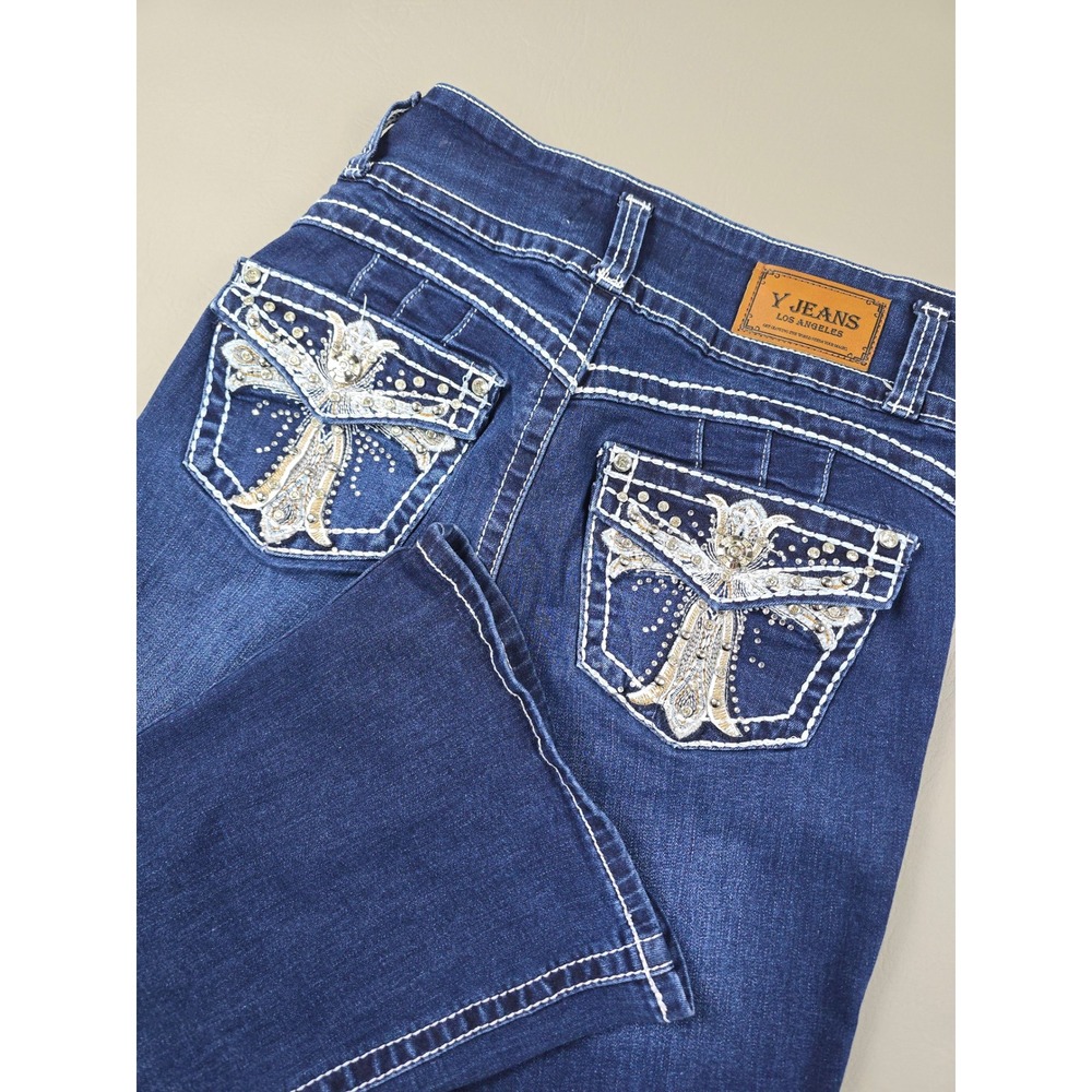 Y Jeans Los Angeles Women 5/6 Dark Wash Rhinestone Cross Flare Leg Jeans Y2K